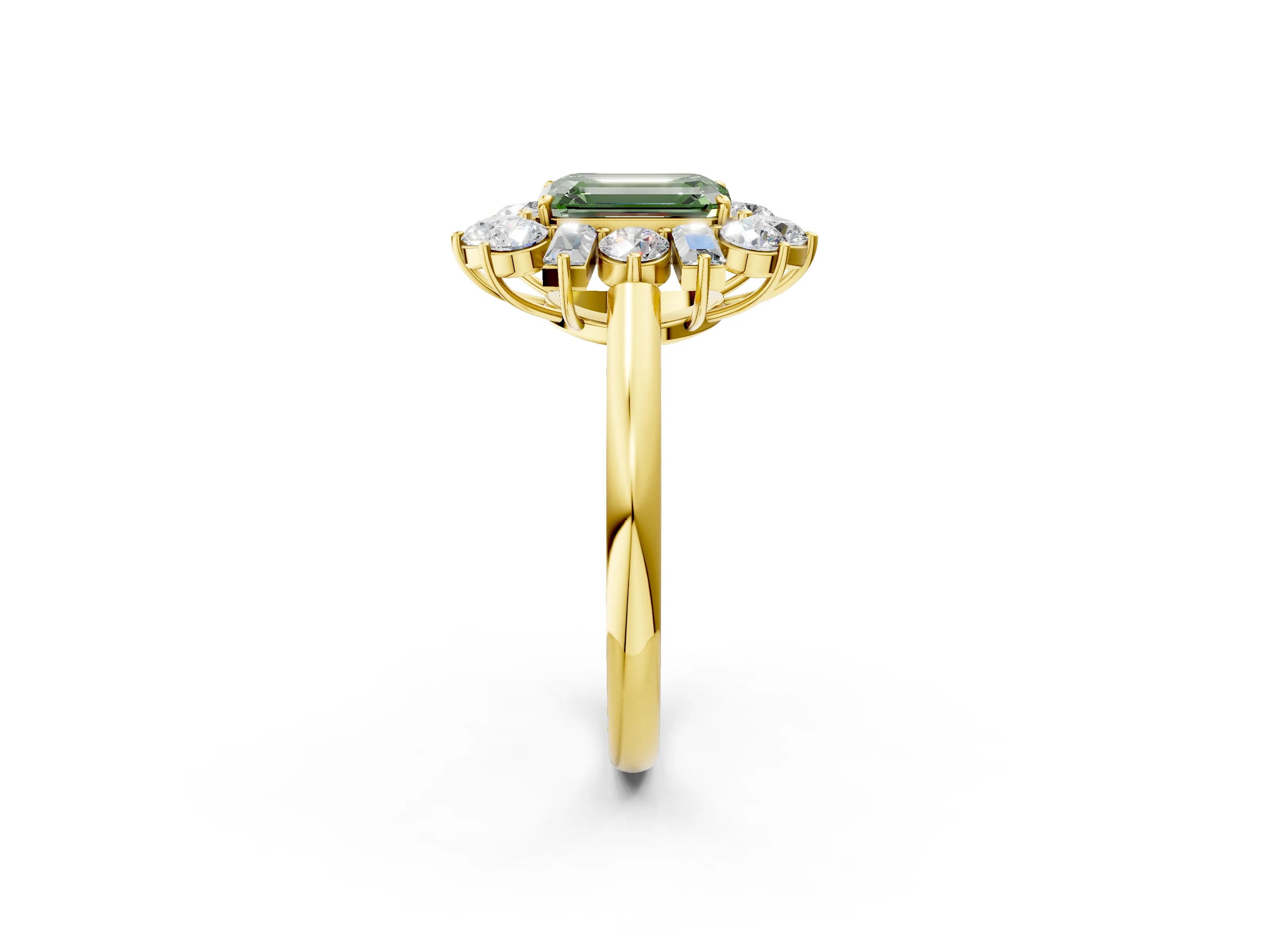 Yellow gold Fancy Green Emerald Cut Diamond Cluster Ring with Round and Baguette Stones, Split Shank Band, Prong Setting_2