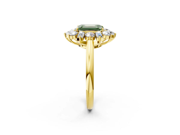 Yellow gold Fancy Green Emerald Cut Diamond Cluster Ring with Round and Baguette Stones, Split Shank Band, Prong Setting