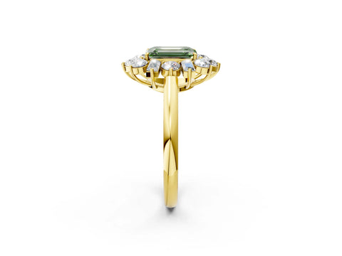 Yellow gold Fancy Green Emerald Cut Diamond Cluster Ring with Round and Baguette Stones, Split Shank Band, Prong Setting_2