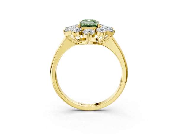 Yellow gold Fancy Green Emerald Cut Diamond Cluster Ring with Round and Baguette Stones, Split Shank Band, Prong Setting
