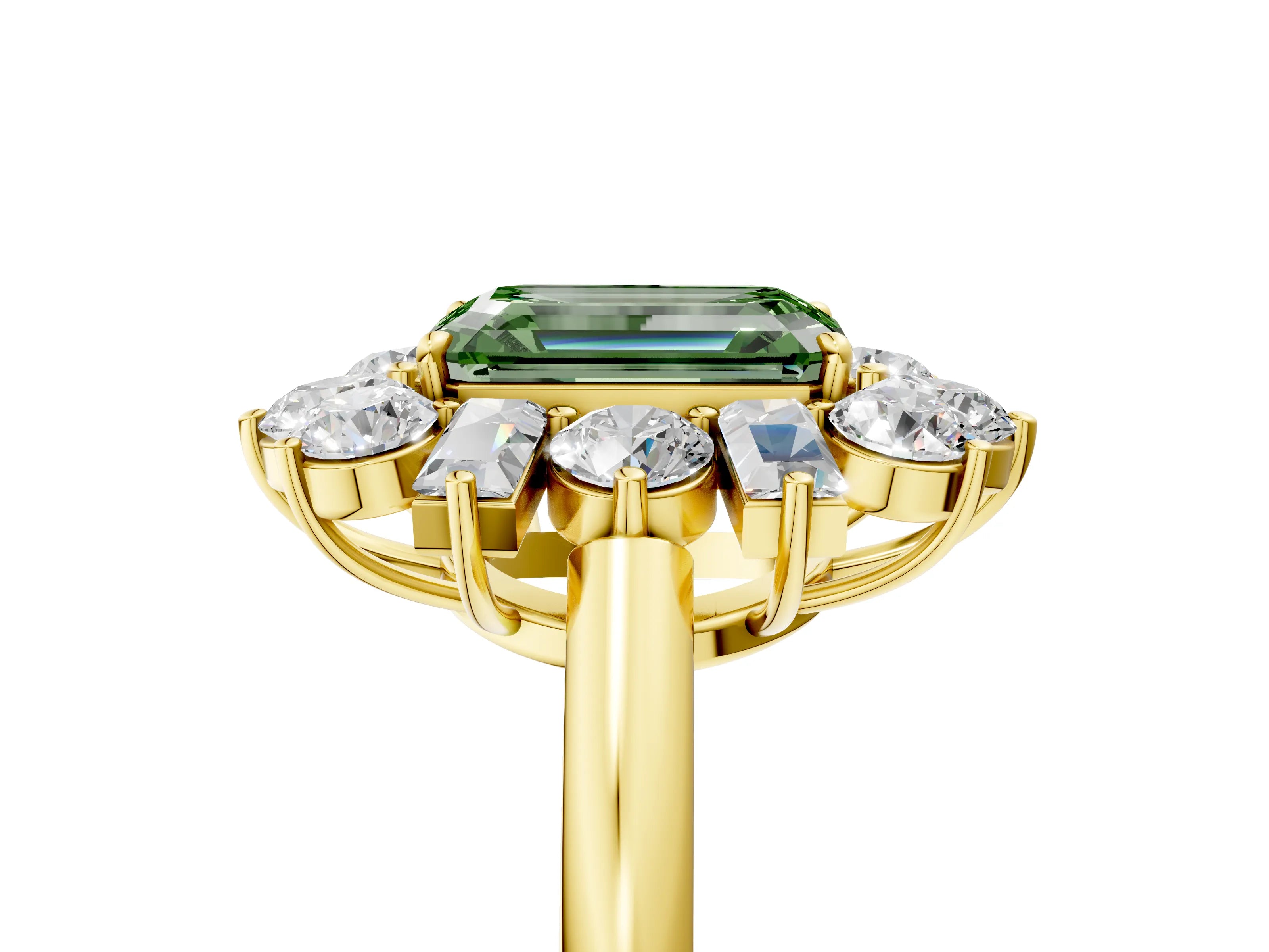 Yellow gold Fancy Green Emerald Cut Diamond Cluster Ring with Round and Baguette Stones, Split Shank Band, Prong Setting_5