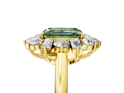 Yellow gold Fancy Green Emerald Cut Diamond Cluster Ring with Round and Baguette Stones, Split Shank Band, Prong Setting_5