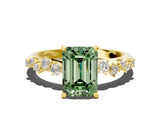 Yellow gold Fancy Green Emerald Cut Diamond Cluster Side Stone Solitaire Ring with Prong Setting_53