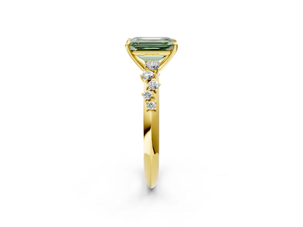 Yellow Gold Emerald Cut Graduated Cluster Engagement Ring Setting for Fancy Green Center