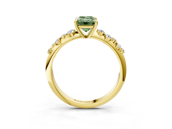 Yellow Gold Emerald Cut Graduated Cluster Engagement Ring Setting for Fancy Green Center