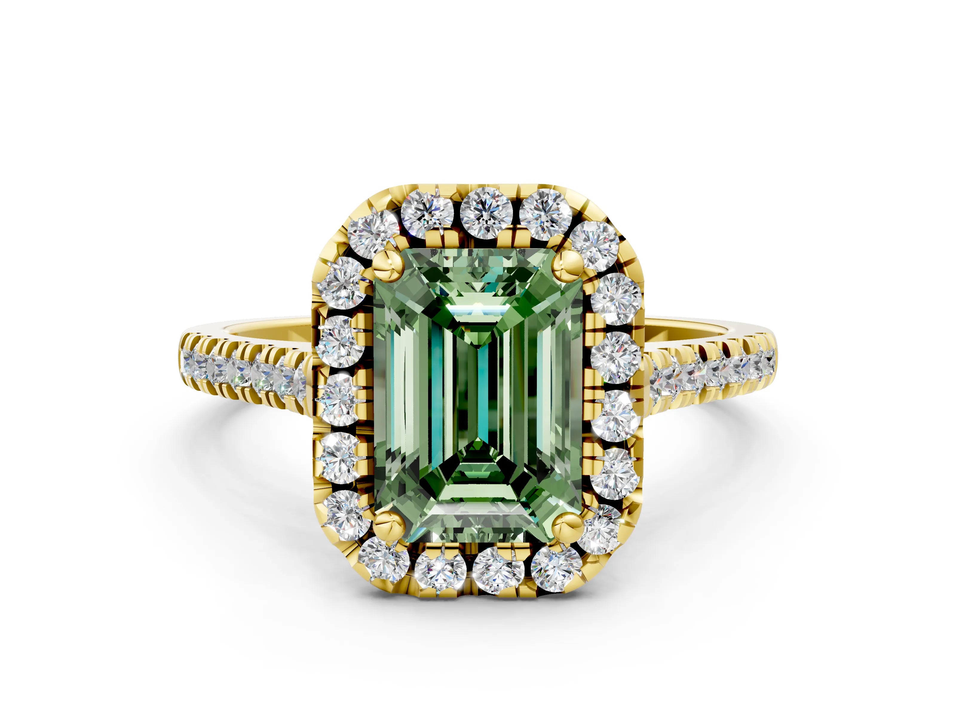 Yellow gold Fancy Green Emerald Cut Diamond Cushion Halo Ring with Pavé Band