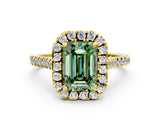 Yellow gold Fancy Green Emerald Cut Diamond Cushion Halo Ring with Pavé Band