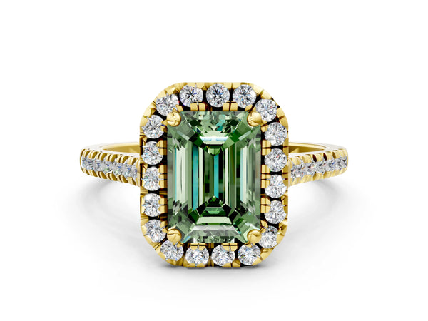 Yellow gold Fancy Green Emerald Cut Diamond Cushion Halo Ring with Pavé Band