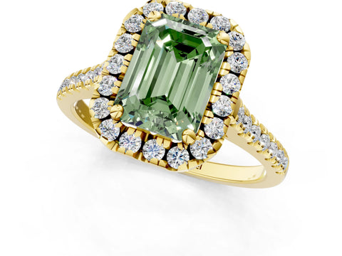 Yellow gold Fancy Green Emerald Cut Diamond Cushion Halo Ring with Pavé Band_1
