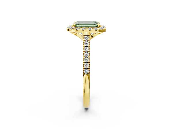 Yellow gold Fancy Green Emerald Cut Diamond Cushion Halo Ring with Pavé Band