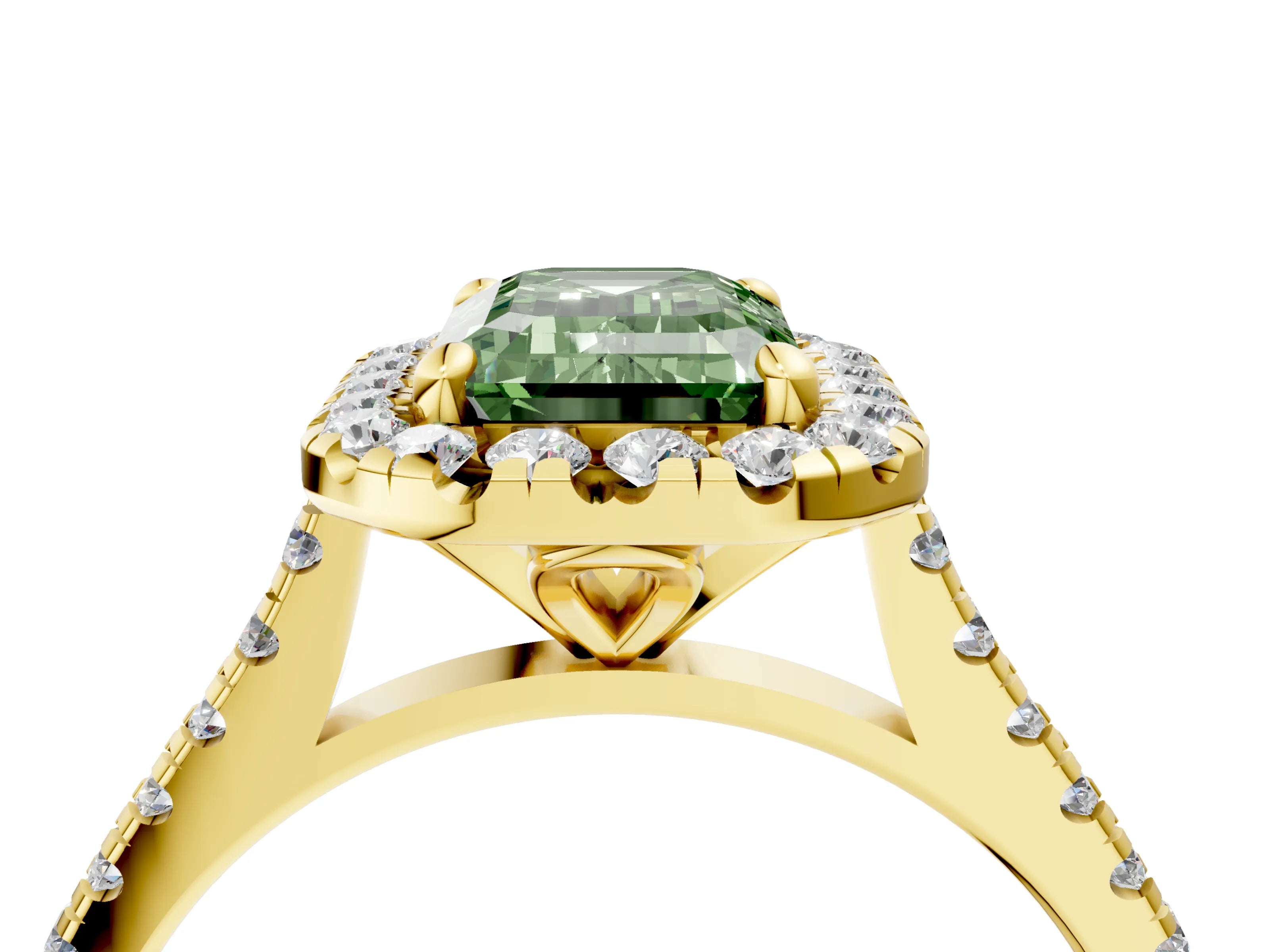 Yellow gold Fancy Green Emerald Cut Diamond Cushion Halo Ring with Pavé Band_4