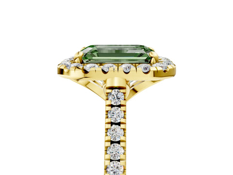 Yellow gold Fancy Green Emerald Cut Diamond Cushion Halo Ring with Pavé Band_5
