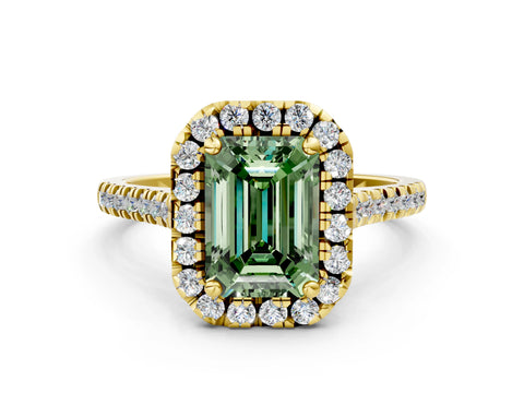 Yellow gold Fancy Green Emerald Cut Diamond Cushion Halo Ring with Pavé Band