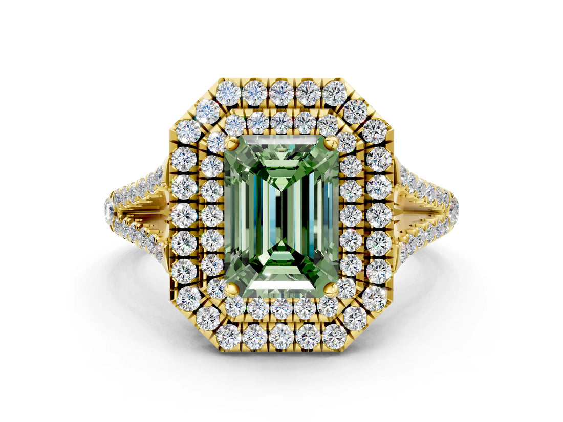 Yellow gold Fancy Green Emerald Cut Diamond Double Halo Ring with Pavé Band and Prong Setting_78