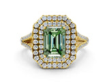 Yellow gold Fancy Green Emerald Cut Diamond Double Halo Ring with Pavé Band and Prong Setting_78