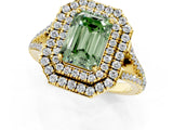 Yellow gold Fancy Green Emerald Cut Diamond Double Halo Ring with Pavé Band and Prong Setting_79
