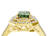 Yellow gold Fancy Green Emerald Cut Diamond Double Halo Ring with Pavé Band and Prong Setting_82