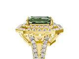 Yellow gold Fancy Green Emerald Cut Diamond Double Halo Ring with Pavé Band and Prong Setting_83