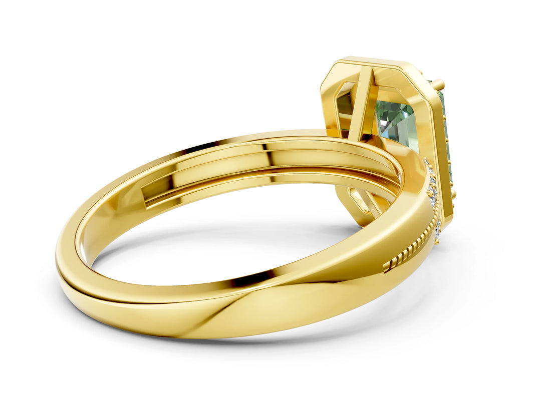 Yellow gold Fancy Green Emerald Cut Diamond Double Halo Ring with Split Shank and Four-Prong Setting