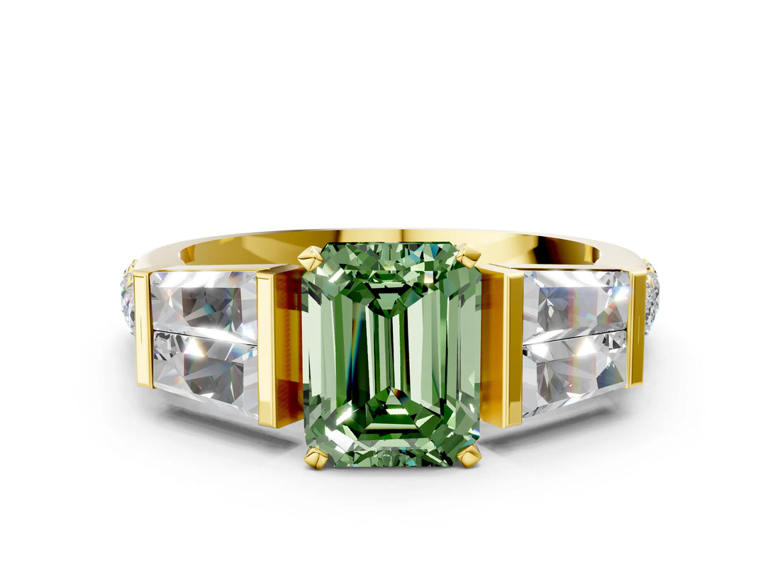 Yellow gold Fancy Green Emerald Cut Diamond Engagement Ring with Baguette Side Stones and Channel Set Band_20