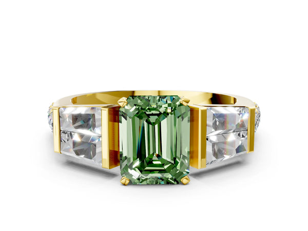 Yellow gold Fancy Green Emerald Cut Diamond Engagement Ring with Baguette Side Stones and Channel Set Band