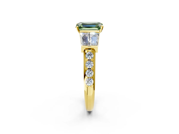 Yellow gold Fancy Green Emerald Cut Diamond Engagement Ring with Baguette Side Stones and Channel Set Band