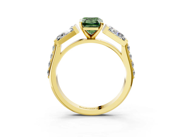 Yellow gold Fancy Green Emerald Cut Diamond Engagement Ring with Baguette Side Stones and Channel Set Band