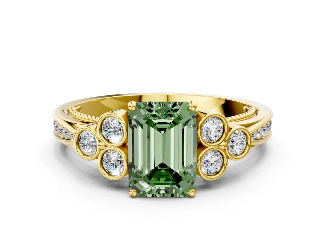 Yellow gold Fancy Green Emerald  Cut Diamond Engagement Ring with Bezel Set Round Side Stones and Prong Setting_49