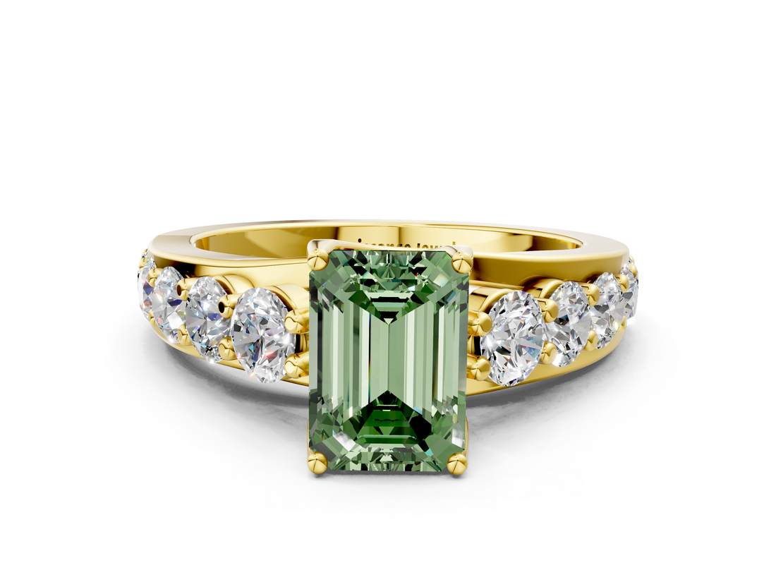 Yellow gold Fancy Green Emerald  Cut Diamond Engagement Ring with Pavé Band and Four-Prong Setting_3