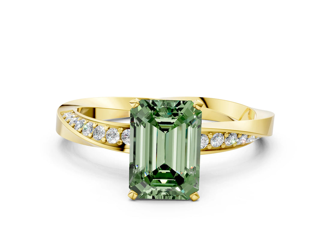 Yellow gold Fancy Green Emerald Cut Diamond Engagement Ring with Side Stone Accents and Four-Prong Setting_72
