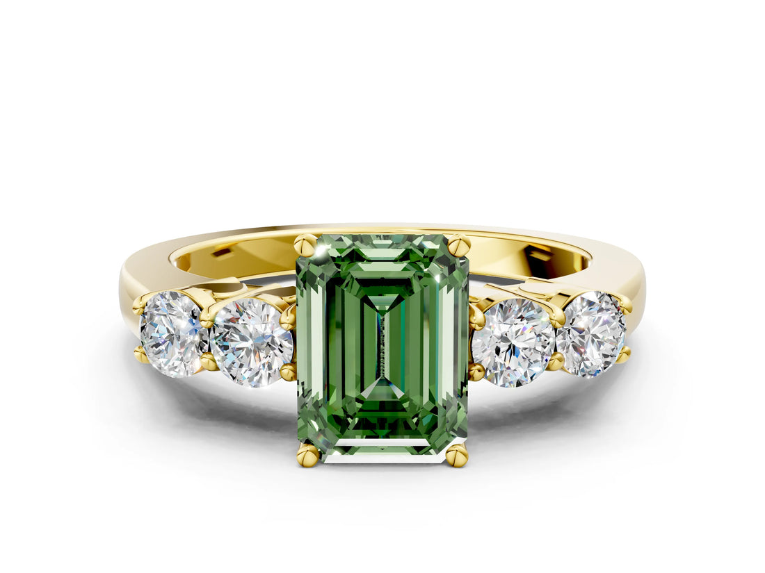 Yellow gold Fancy Green Emerald  Cut Diamond Five-Stone Prong Set White Gold Ring_33
