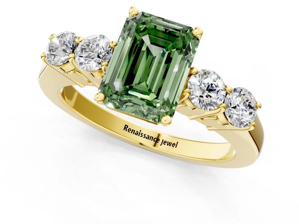 Yellow gold Fancy Green Emerald  Cut Diamond Five-Stone Prong Set White Gold Ring