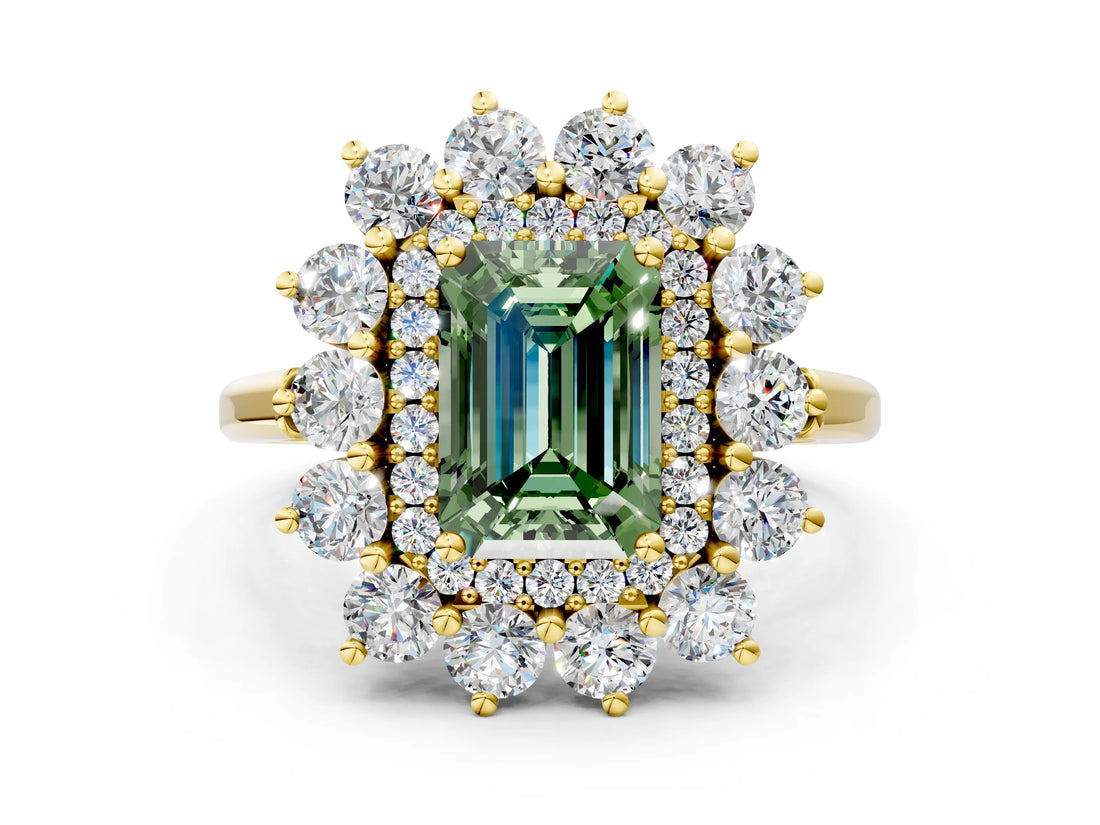 Yellow gold Fancy Green Emerald Cut Diamond Floral Double Halo Engagement Ring with Prong Setting_24