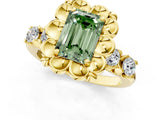Yellow gold Fancy Green Emerald  Cut Diamond Floral Halo Engagement Ring with Shared Prong Setting 1