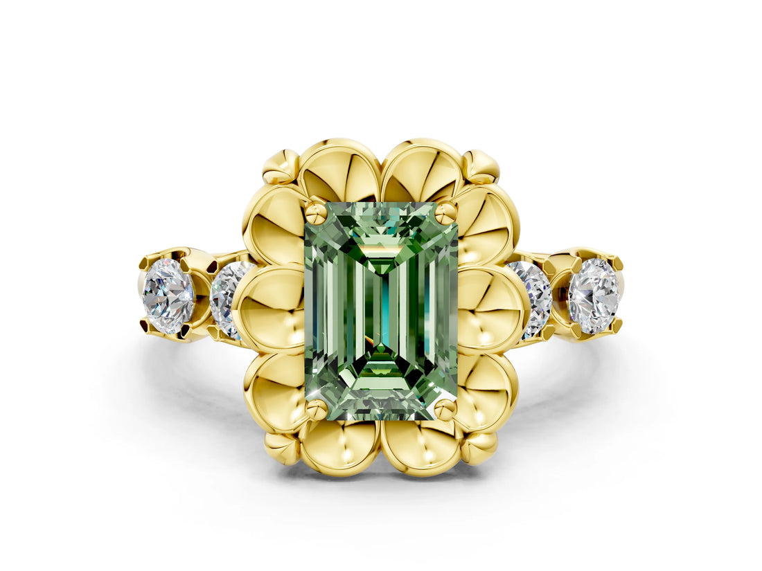 Yellow gold Fancy Green Emerald  Cut Diamond Floral Halo Engagement Ring with Shared Prong Setting