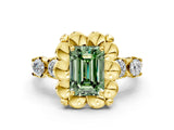 Yellow gold Fancy Green Emerald  Cut Diamond Floral Halo Engagement Ring with Shared Prong Setting