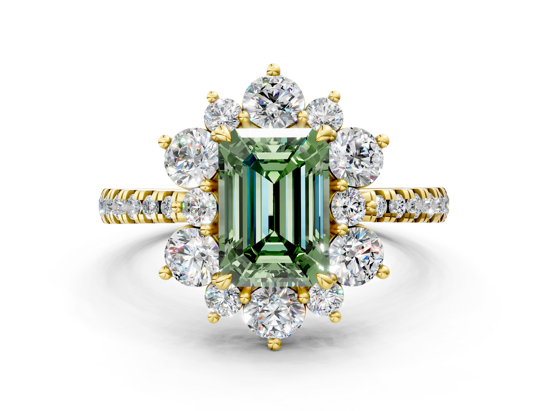 Yellow gold Fancy Green Emerald  Cut Diamond Floral Halo Pave Band with Prong Setting_37