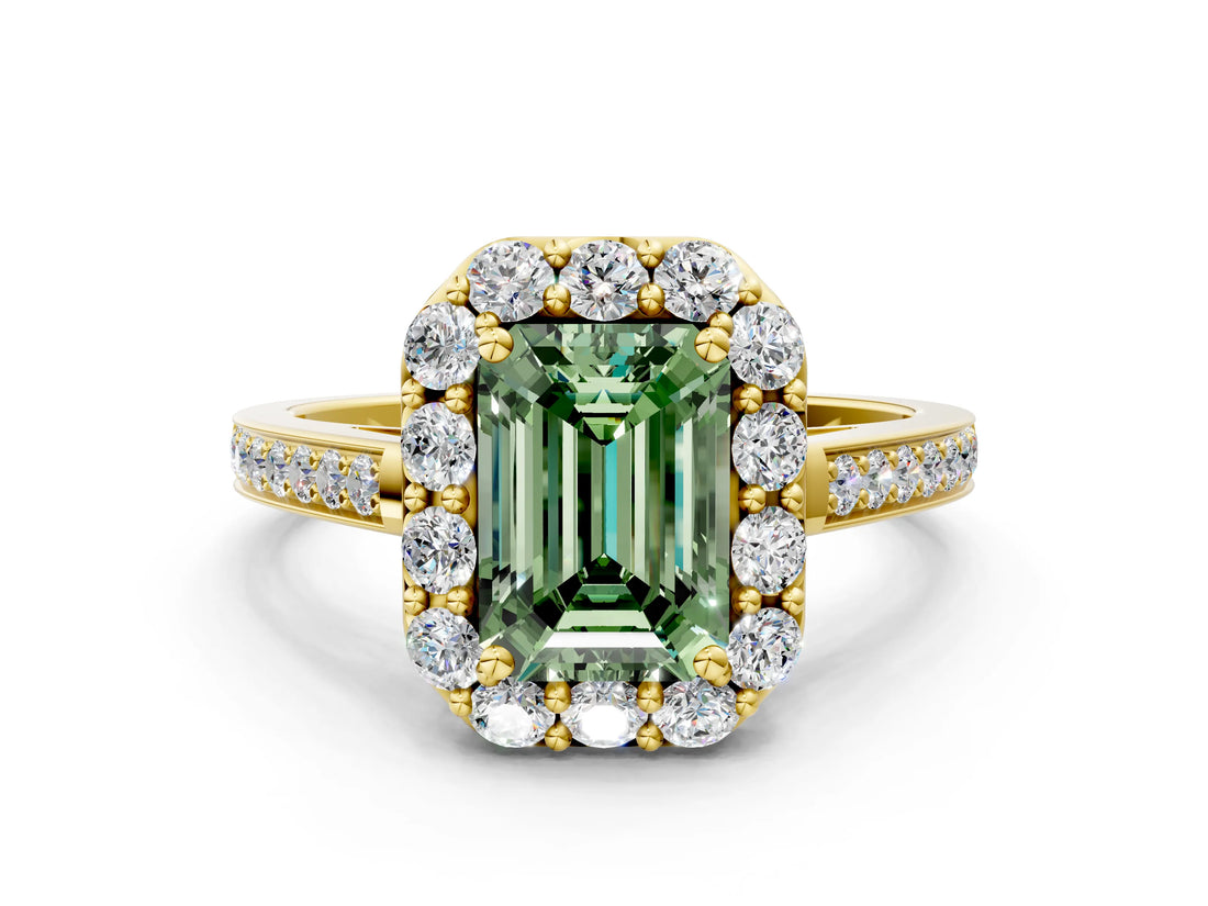 Yellow gold Fancy Green Emerald Cut Diamond Floral Halo Ring with Pavé Band and Prong Setting_3