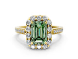 Yellow gold Fancy Green Emerald Cut Diamond Floral Halo Ring with Pavé Band and Prong Setting_3