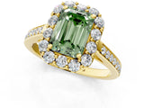 Yellow gold Fancy Green Emerald Cut Diamond Floral Halo Ring with Pavé Band and Prong Setting_4