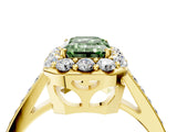 Yellow gold Fancy Green Emerald Cut Diamond Floral Halo Ring with Pavé Band and Prong Setting_7