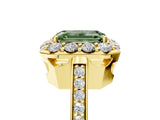 Yellow gold Fancy Green Emerald Cut Diamond Floral Halo Ring with Pavé Band and Prong Setting_8