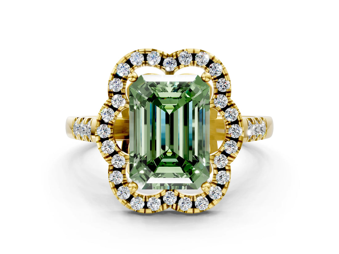 Yellow gold Fancy Green Emerald Cut Diamond Floral Halo Split Shank Prong Setting Ring
