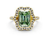Yellow gold Fancy Green Emerald Cut Diamond Floral Halo Split Shank Prong Setting Ring