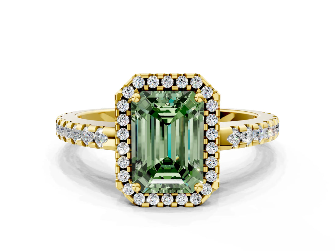 Yellow gold Fancy Green Emerald Cut Diamond Halo Engagement Ring with Pavé Band and Prong Setting_27