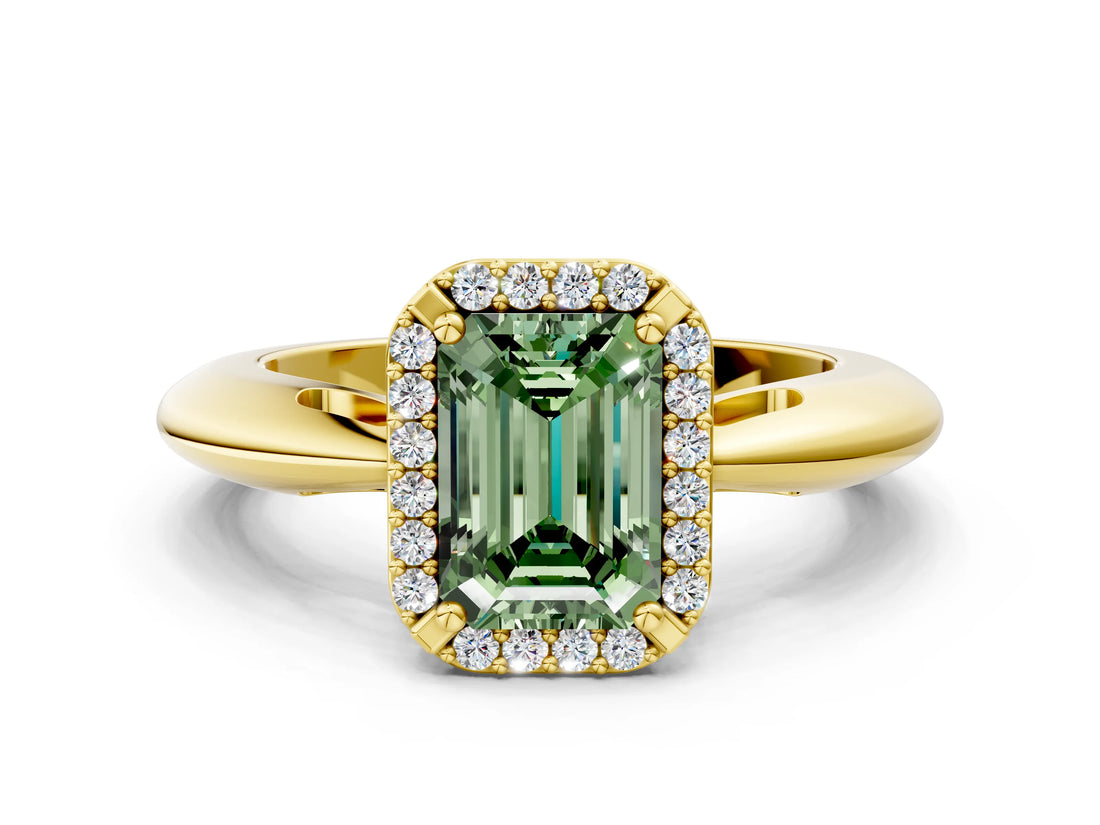 Yellow gold Fancy Green Emerald  Cut Diamond Halo Engagement Ring with Split Shank and Four-Prong Setting_113