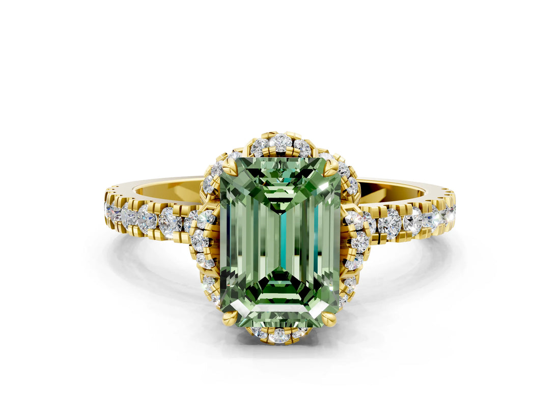 Yellow gold Fancy Green Emerald Cut Diamond Halo Pave Band with Four-Prong Setting_3