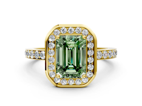 Yellow gold Fancy Green Emerald Cut Diamond Halo Ring with Bezel Frame and Pavé Band