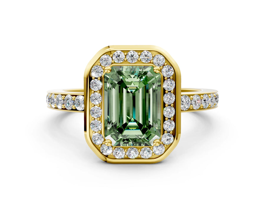 Yellow gold Fancy Green Emerald Cut Diamond Halo Ring with Bezel Frame and Pavé Band
