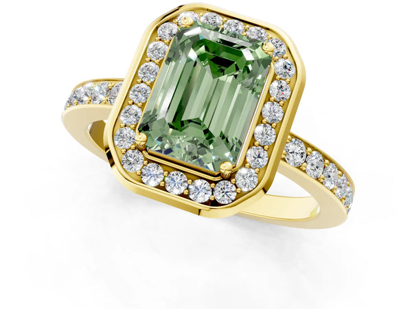 Yellow gold Fancy Green Emerald Cut Diamond Halo Ring with Bezel Frame and Pavé Band